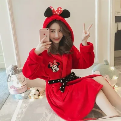 

Disney minnie lady Pajamas Women Winter Thicken Long Sleeve Cartoon female Mickey robes Warm sleepwear Home clothing nightgowns