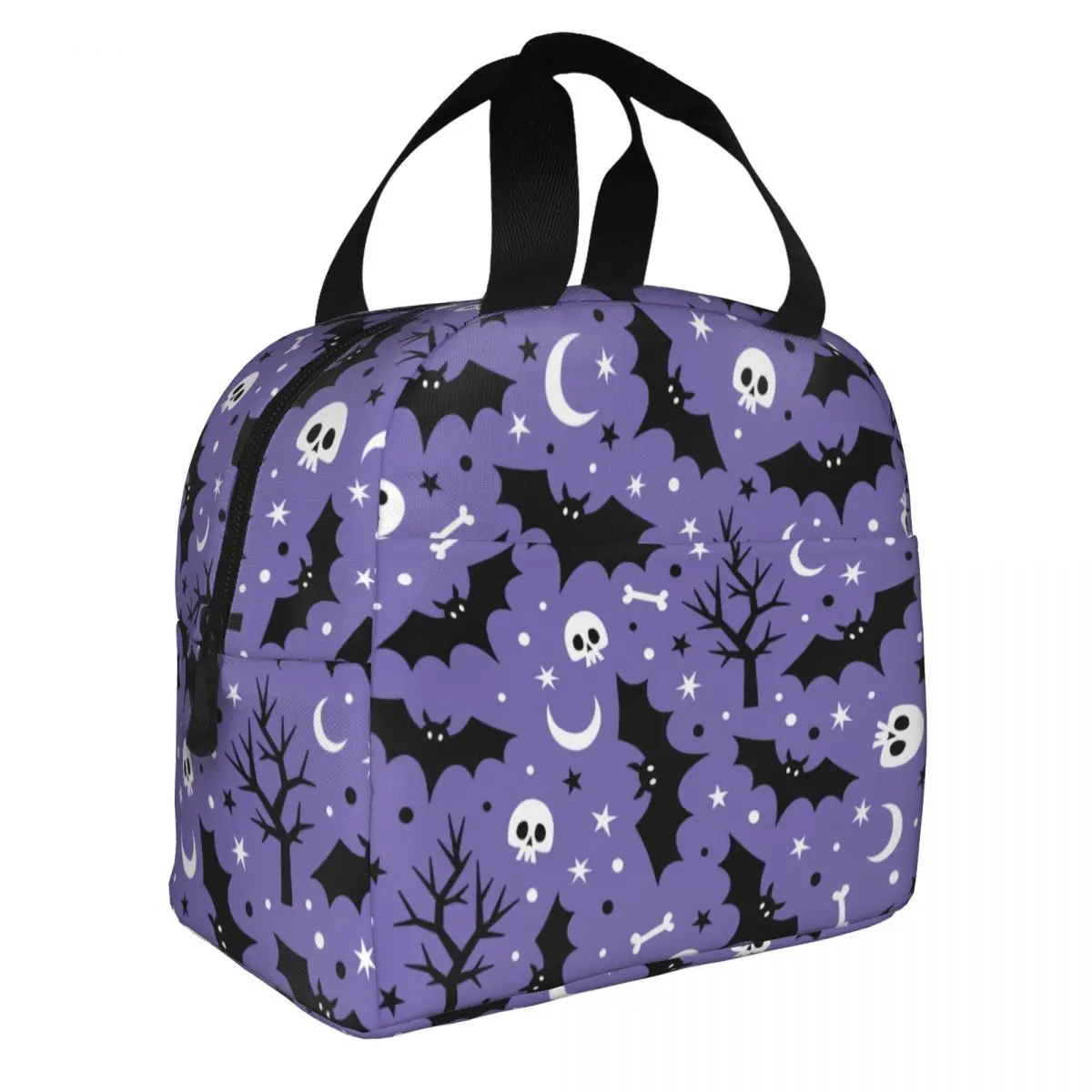 Borsa per il pranzo isolata con teschio di pipistrello, luna, albero, a tenuta stagna, per feste di Halloween, cartoni animati, borsa termica