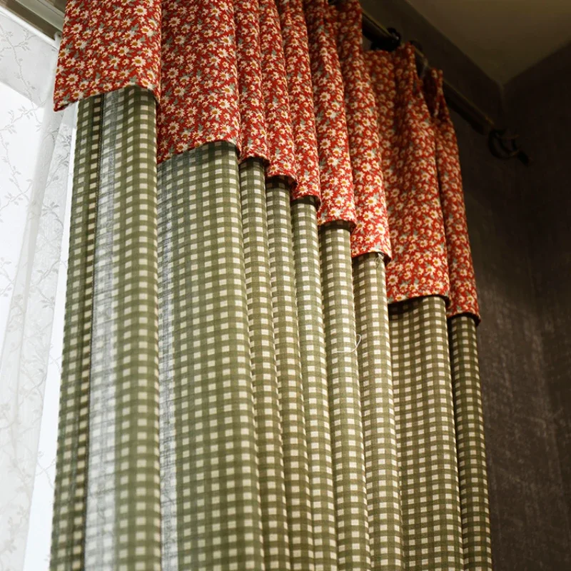 

American Country Pastoral Green Plaid Retro Curtains Semi-blackout Linen Curtains for Living Dining Room Bedroom Custom