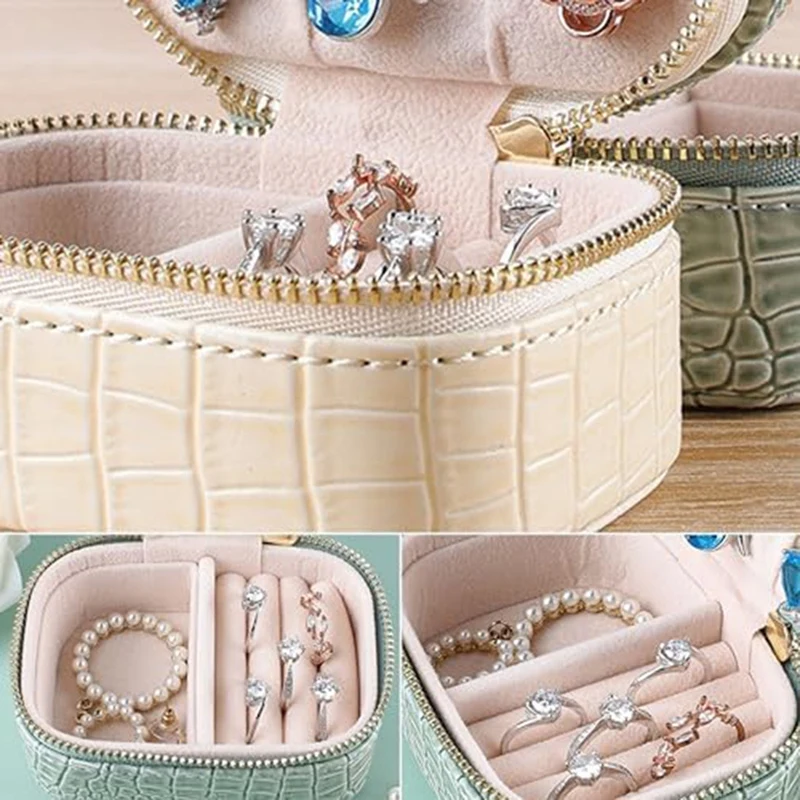 Porte-bijoux avec accessoires poudres, boîte d'évaluation pour voyage, étui portable à fermeture éclair pour bague collier et rangement