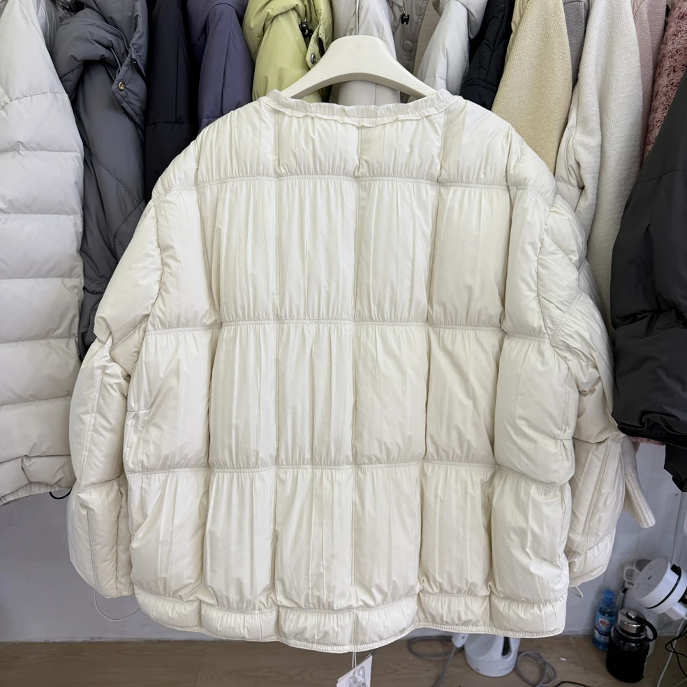 Women's Sweet O Neck Longs Leeve Loose White Duck Down Coat Lady Cute Ruffled O Neck Zip Up Thick Warm Down Outwear Top