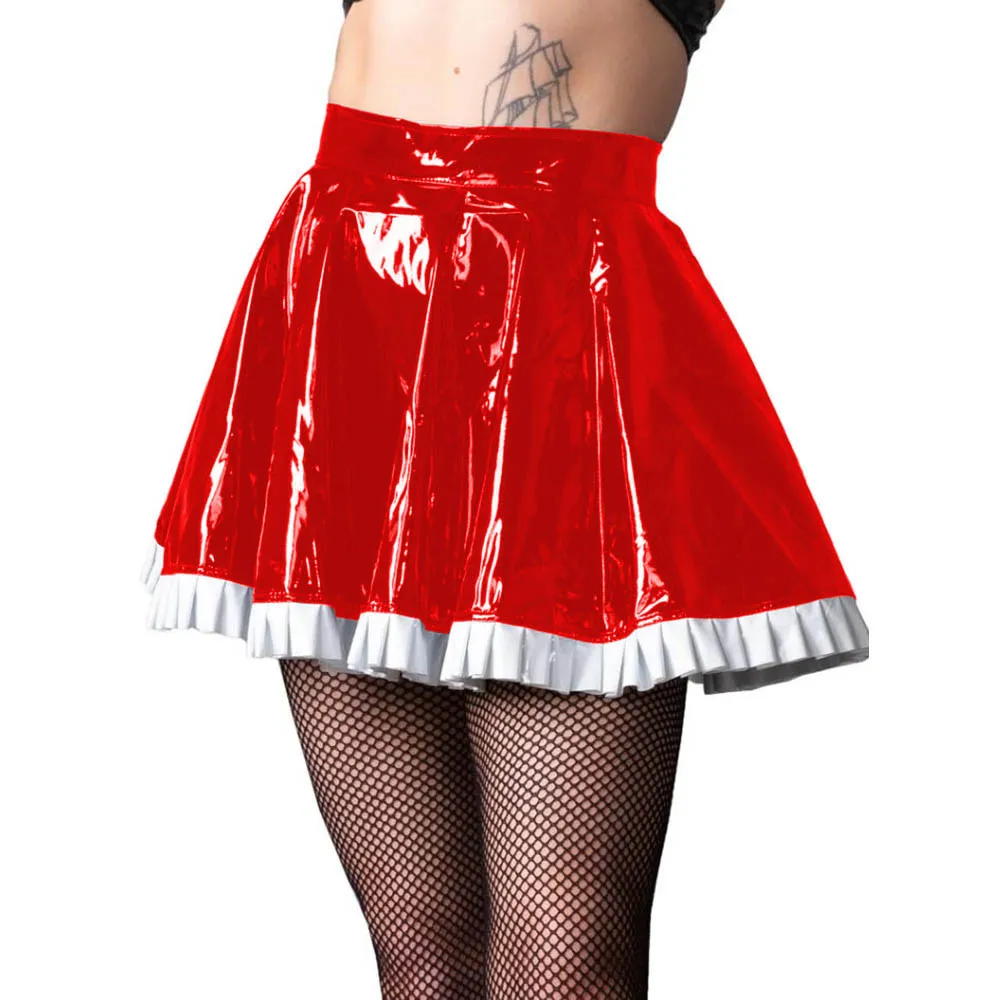 High Waist PVC Pleated Skater Skirts with White Ruffles,Vintage Faux Leather,A-line Mini Skirt,Clubwear,Ladies Swing Mini Skirts