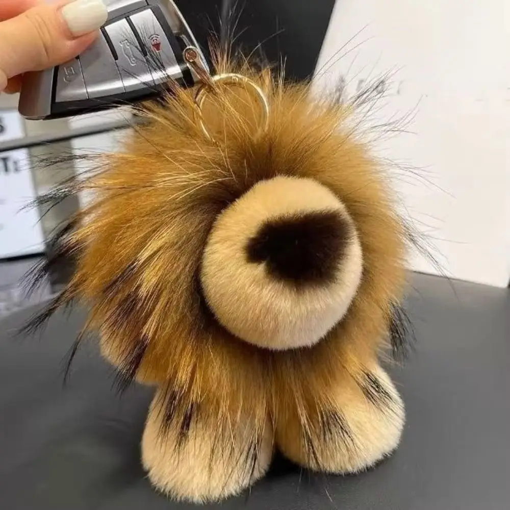

Long Mane Lion Plush Pendant with Tail Stuffed Plush Lion Keychain Bag Decor Simulation Rabbit Fur Cute Animal Keychain