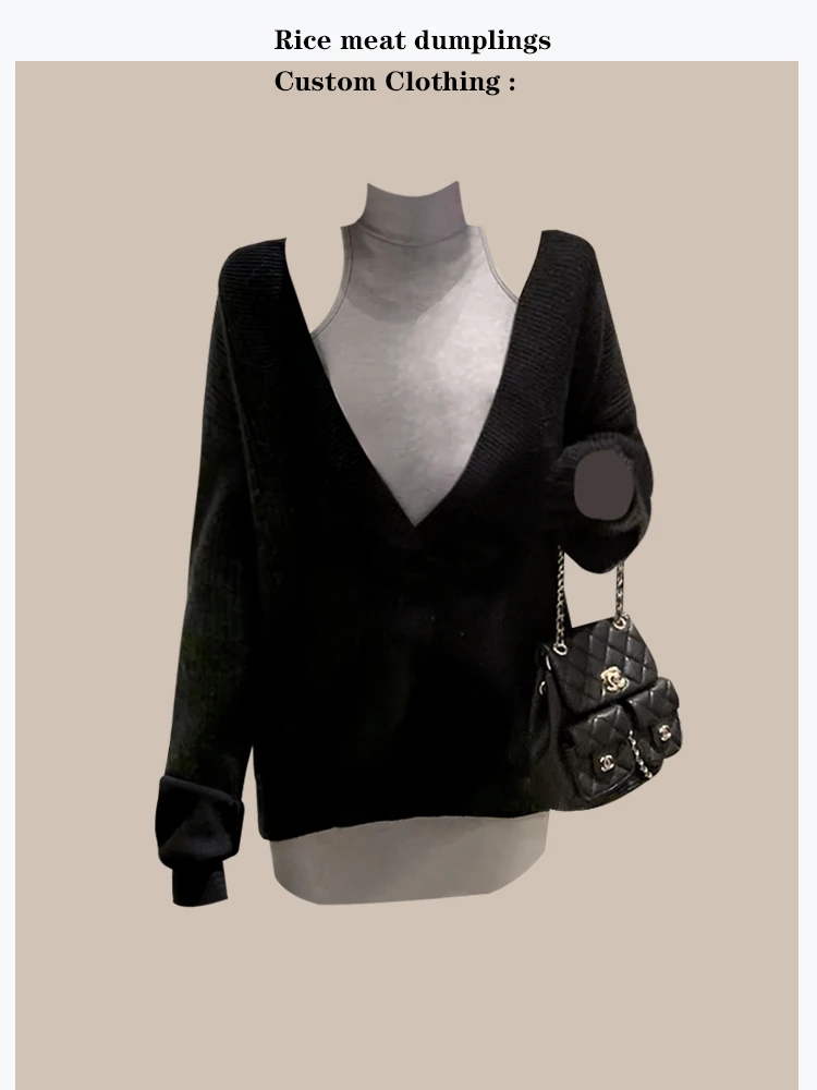 

Korean Style High Intelligence Sister System Deep V Neck Sweater Design Loose Slimming Top Warm Long Sleeve Winter Fashion Set