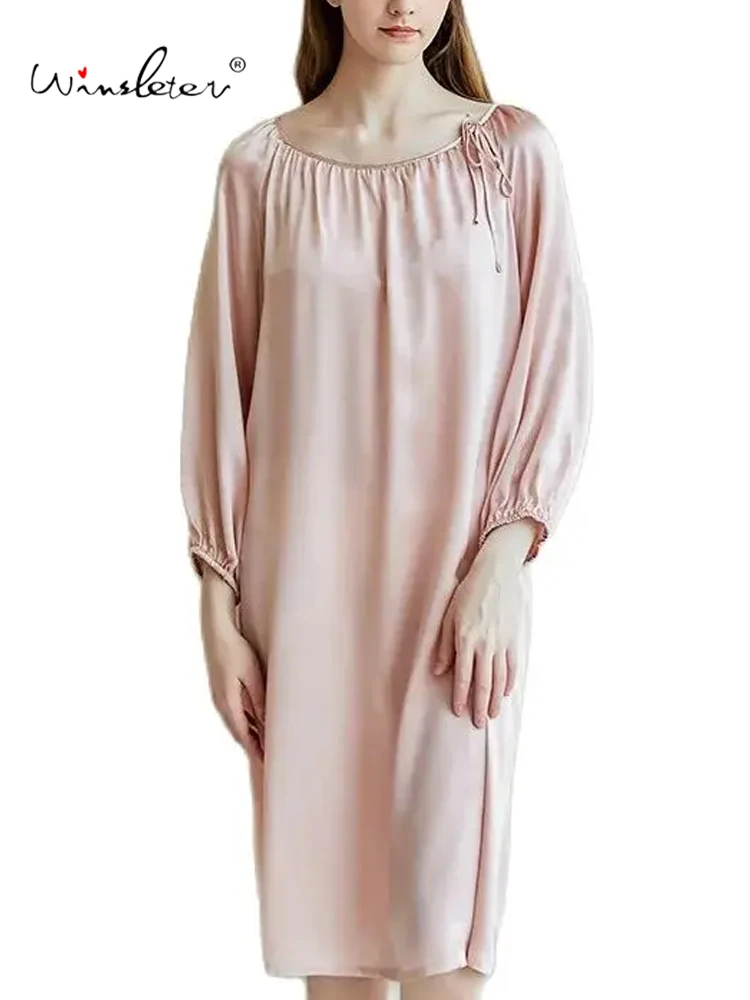 

Winsleter,WomenLong Sleeve Solid,French Simplicity Soft Pajama Dress,100%Real Silk Elegant Nightgown,2024 Summer P45781QC