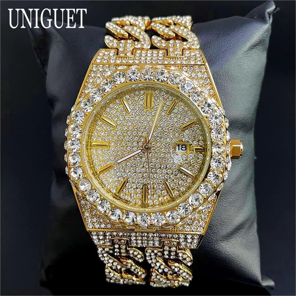 Orologio da ghiaccio alla moda per uomo, marca UNIGUET, orologio da polso al quarzo di lusso in acciaio inossidabile, orologio da uomo con catena cubana con diamanti Hip Hop