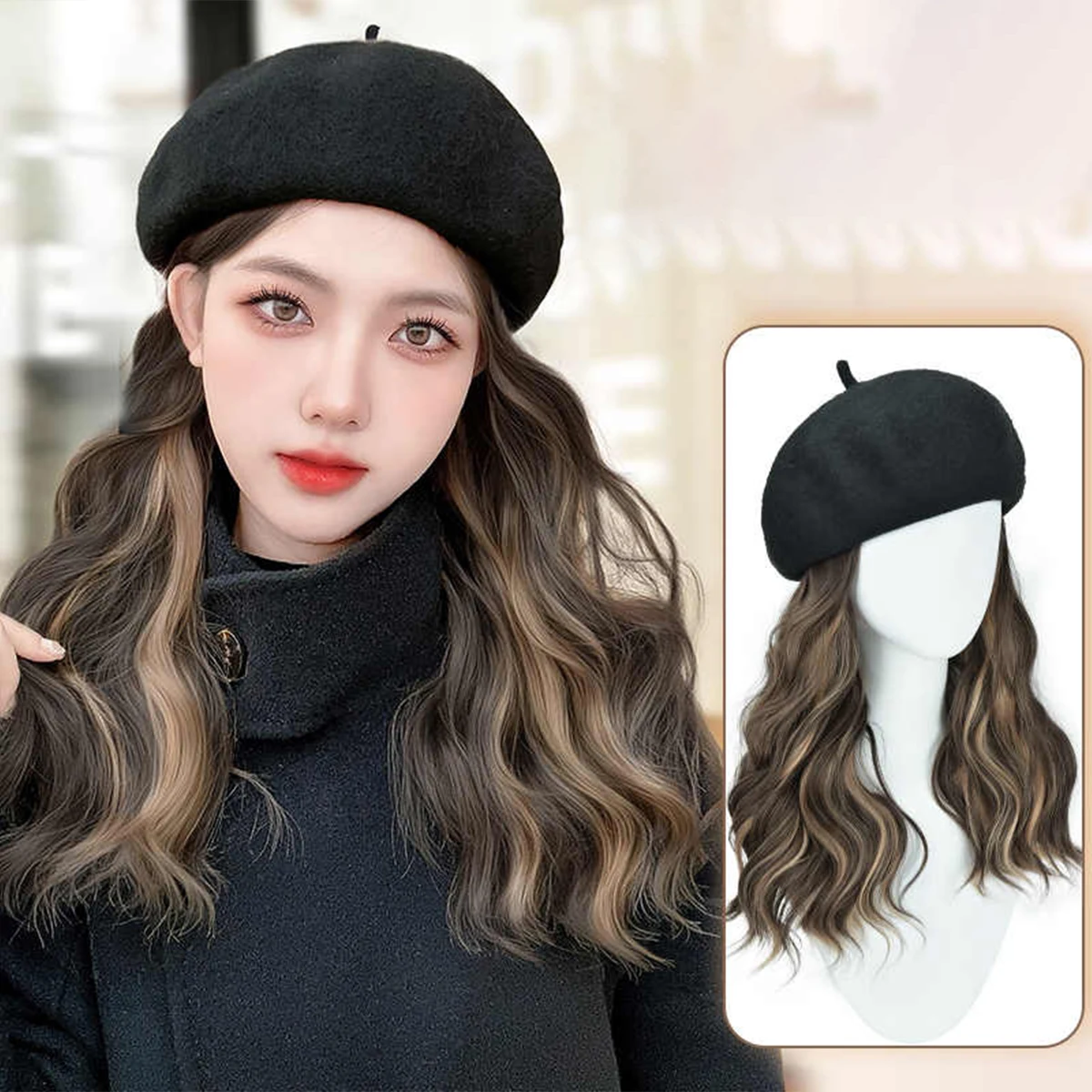 Hat Wig Fashion Women's Knitted beret Synthetic Long Straight wig Winter Hat Wig Hat One-piece Wig Keeps Warm and Fashionable