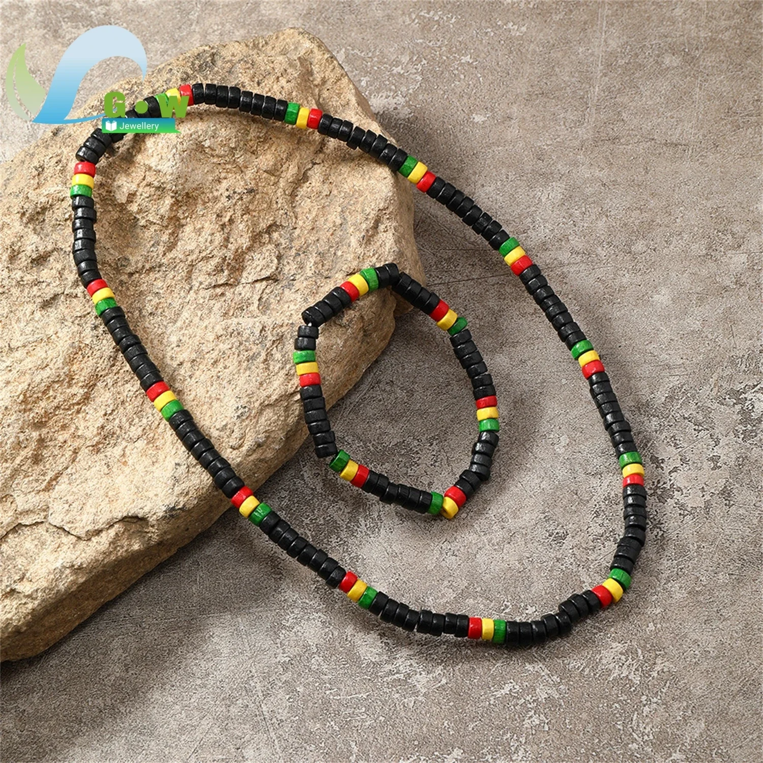 European Style Mens Adjustable Wood Bead Necklace and Bracelet Combo Natural Brown Wooden Beads 2 Piece Set Gift for Man