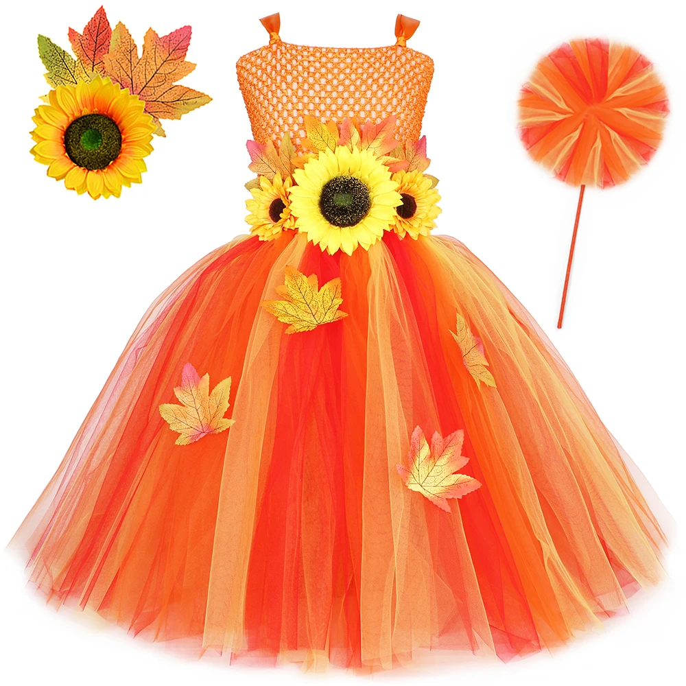 Maple Leaf Sunflower Autumn Fairy Long Dress for Girls Fall Thanksgiving Halloween Costumes Kids Holiday Party Outfits Ball Gown