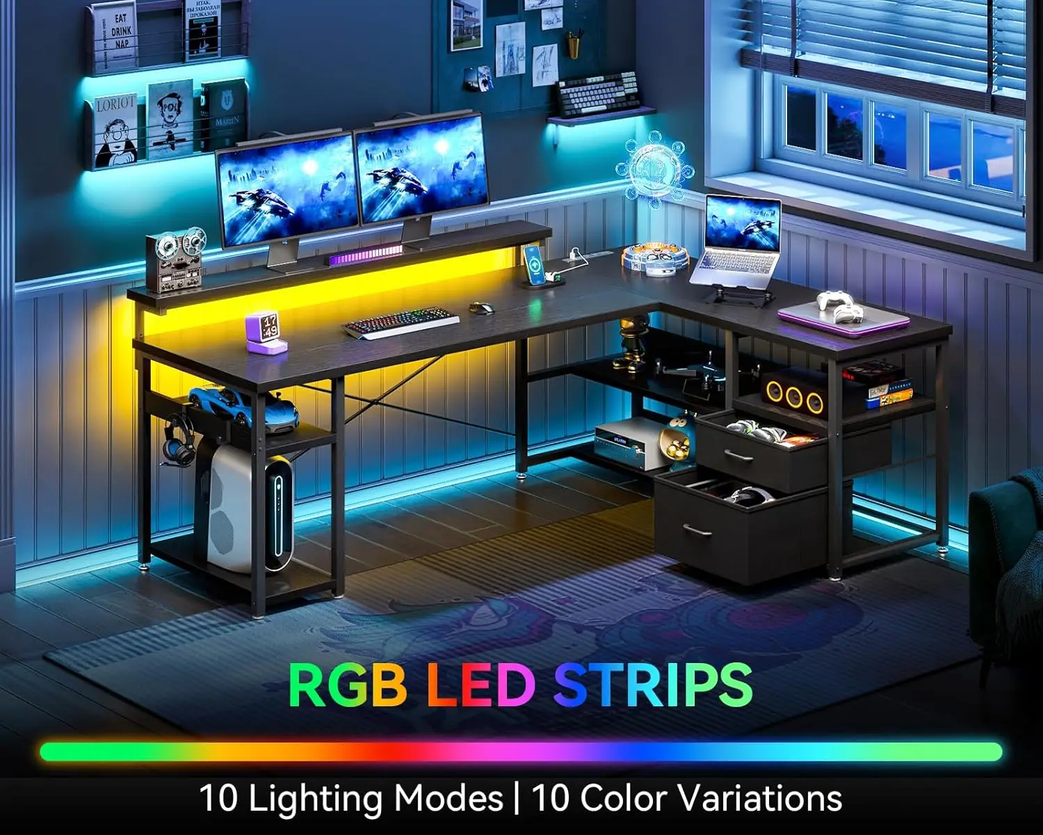 ODK L Shaped Gaming Desk with File Drawers, Reversible Computer Desk with Power Outlets & LED Lights, Home Office Desk with