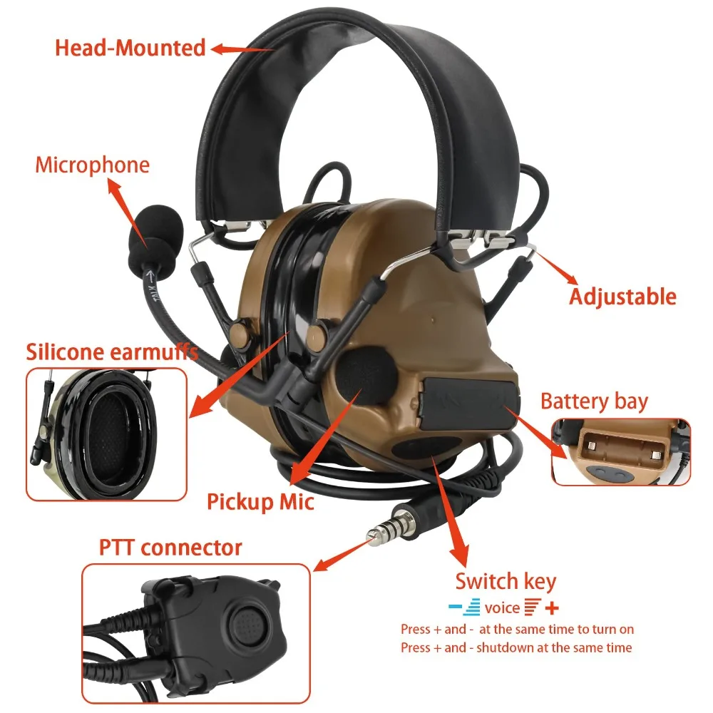 ชุดหูฟังยุทธวิธี COMTA 2 & U94 PTT 2pin พร้อมไมโครโฟน,ขยายเสียง,Airsoft กีฬา