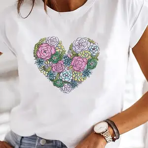 Đồ họa ngắn của phụ nữ t -shirt, trái tim tình yêu, màu nước t -shirt, in ngọt, giản dị, thời trang của phụ nữ, quần áo mùa hè 12 Bán hàng chính trái tim hàng đầu - №6