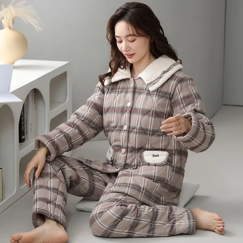 2023 New Autumn Winter Ladies Pajamas Cotton Padded Warm Loungewear Cotton Three-layer Plus Sleepwear Large Size Homewear Suit