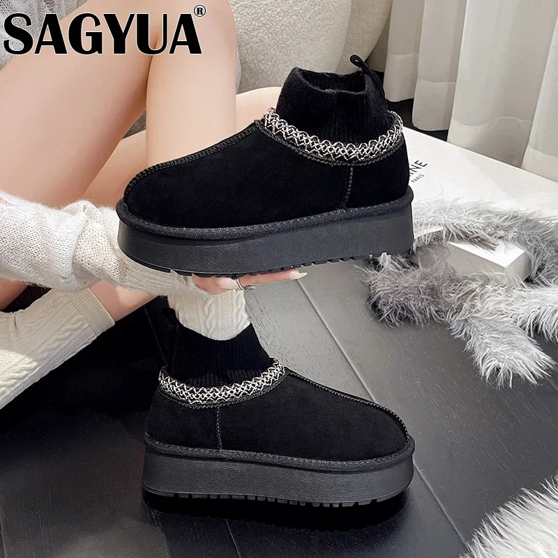 Platform Flats Snow Ankle Boots Women Fur Cotton Shoes Suede Woman Winter Brand 2025 Trend Plush Thick Warm Non-Slip Botas Mujer