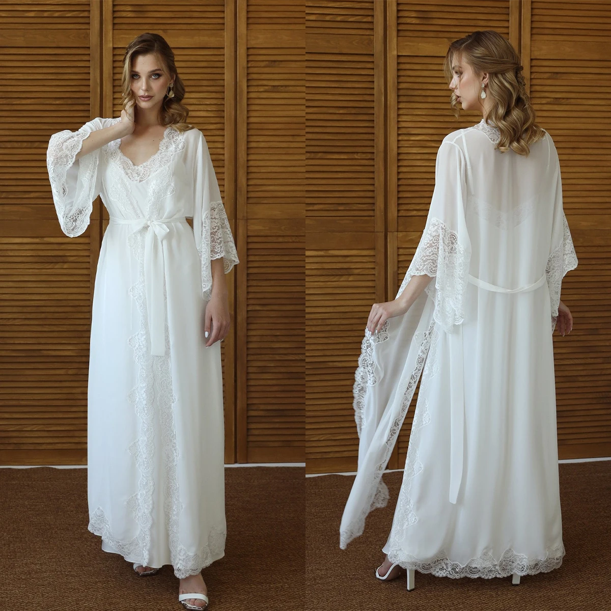 Chiffon Bridal Robe Dresses 2 Pcs Soft Lace Edge Wedding Gown Dresses Plus Size Bathrobes Custom Made