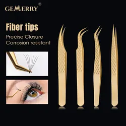 Gemerry Golden Stainless Steel Fiber Tips Tweezers High Precision Extension Eyelash Tweezer Volume Fans Professional Tools