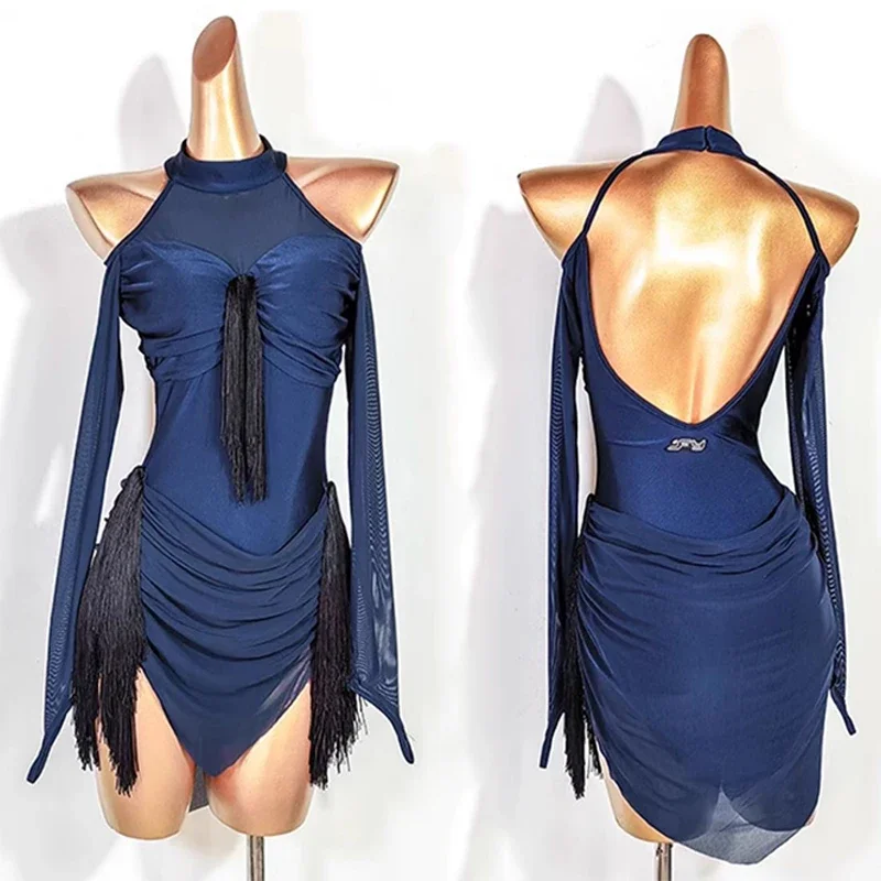 

Сексуальный костюм с открытой спиной и кисточками для взрослых, платья танцовщицы ча-ча-самбы, женское синее платье для соревнований по латинским танцам