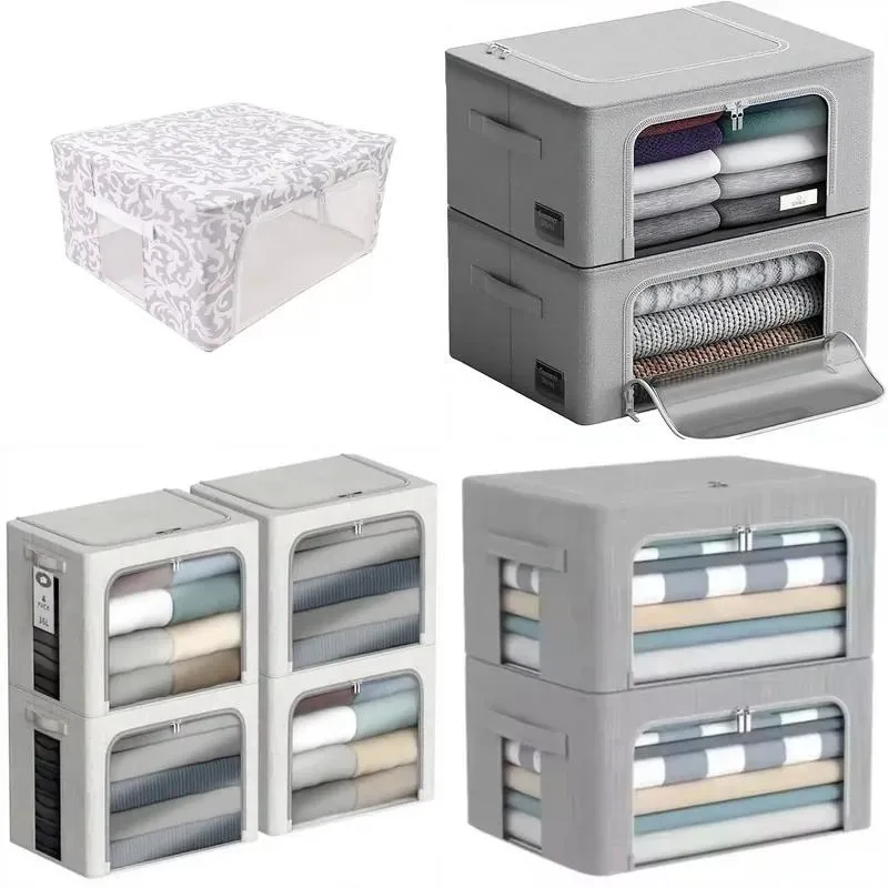 Foldable Fabric Storage Box with Transparent Window and Metal Frame Large Capacity Cube Organizer for Clothes Bedding