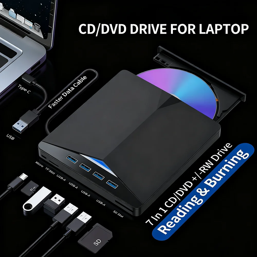 Ultra-Slim 7 in 1 USB 3.0 External CD DVD RW Drive Portable Burner Writer for Laptop Compatible with Desktop Windows 7/8/10