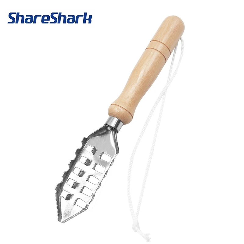 Removedor de Escamas de Pescado ShareShark, Cepillo Genérico de Acero Inoxidable con Dientes de Sierra y Mango de Madera