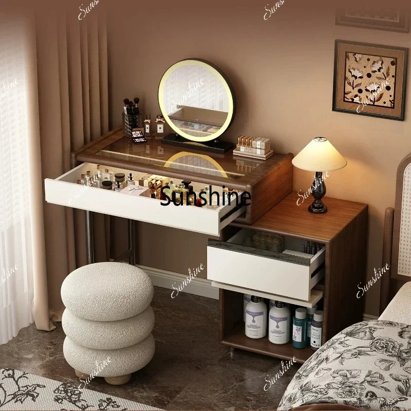 Medieval Small Apartment Solid Wood Dresser Retractable Chest Integrated Bedroom High-end Makeup Table Bedside Table FurnitureT*
