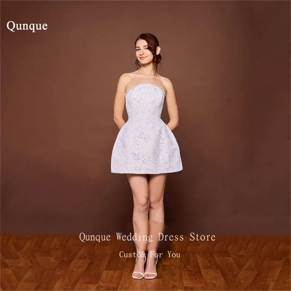 

Qunque Lace Short Wedding Dresses Strapless Robe Soirées Chic élégant Mariage Taille Mini Detachable Party Dresses Customized