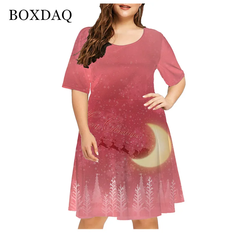 6XL Plus Size Women Clothing Red Christmas Elk Fashion Funny Cute Short Sleeve Print Dress X-Mas Snowman Snowflake Loose Dresses