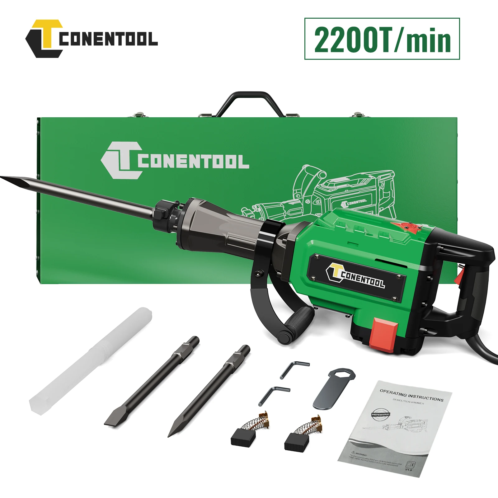 CONENTOOL 3800W Demolition Jack Hammer 55J Electric Concrete Breaker Hammer with 2 Chisel Bits for Trenching and Breaking Holes