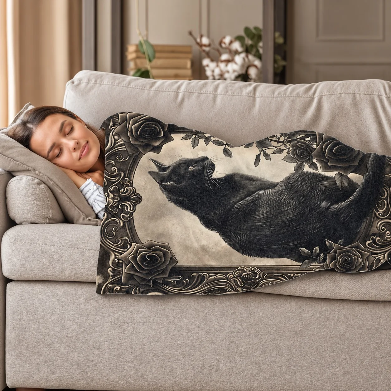 Gothic Black Cat Floral Flannel Throw Blanket Soft Polyester Digital Print Blanket for Sofa Bed Couch Home Decor Halloween Gifts