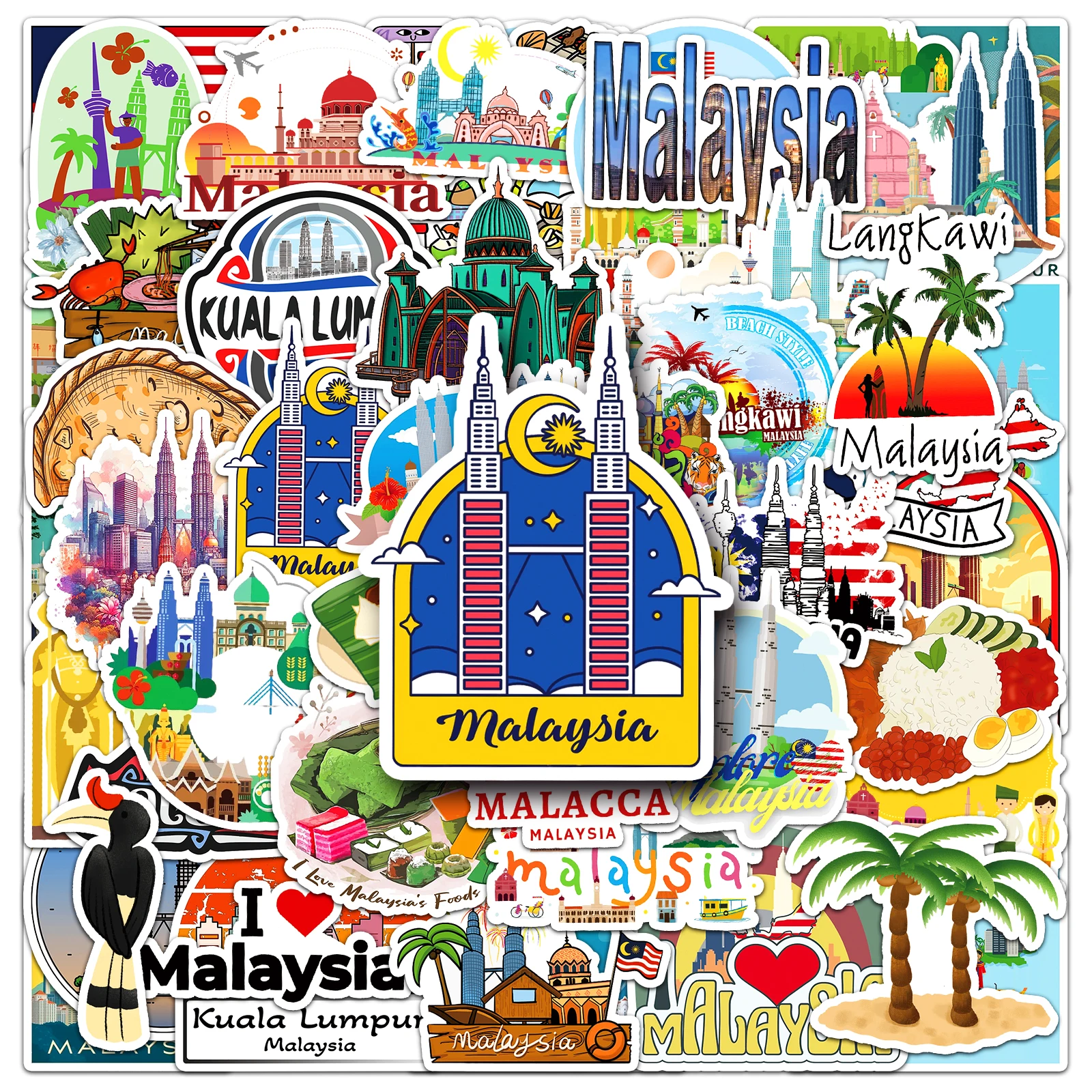 50Pcs Malaysia City Series Cartoon Cute Waterproof Sticker Skateboarding Snowboard Retro Vinyl Sticker