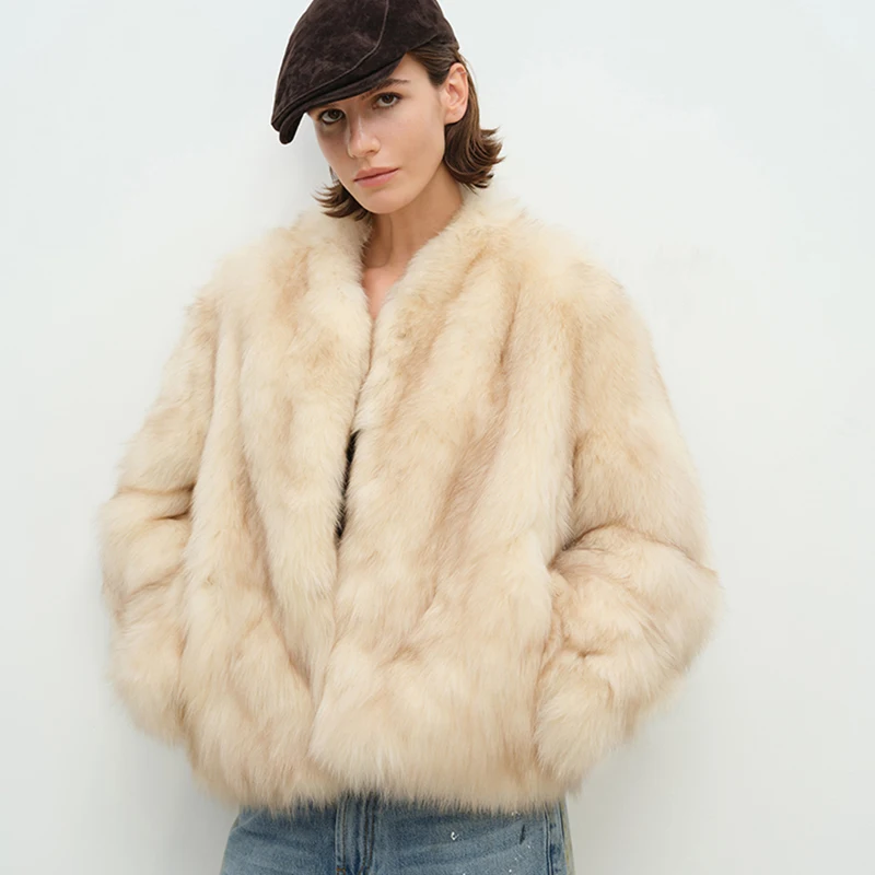 سترة نسائية من فرو الثعلب الصناعي معطف شتوي سميك ودافئ متدرج وأكمام طويلة أنيق غير رسمي ملابس خارجية أمريكية كسول للشارع