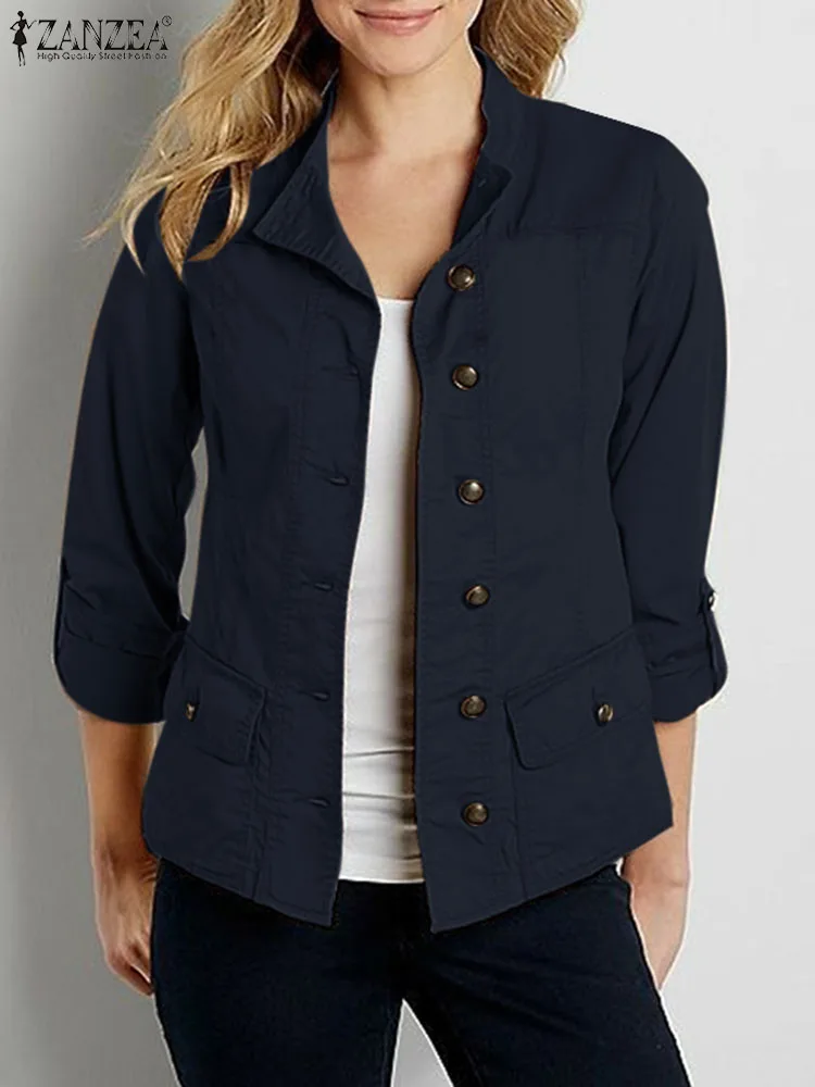 ZANZEA-Veste à Manches sulfet Col Rond pour Femme, Vêtement d\'Extérieur, Vintage, Élégant, Boutonné sur le Devant, pour ix, à la Mode, Automne