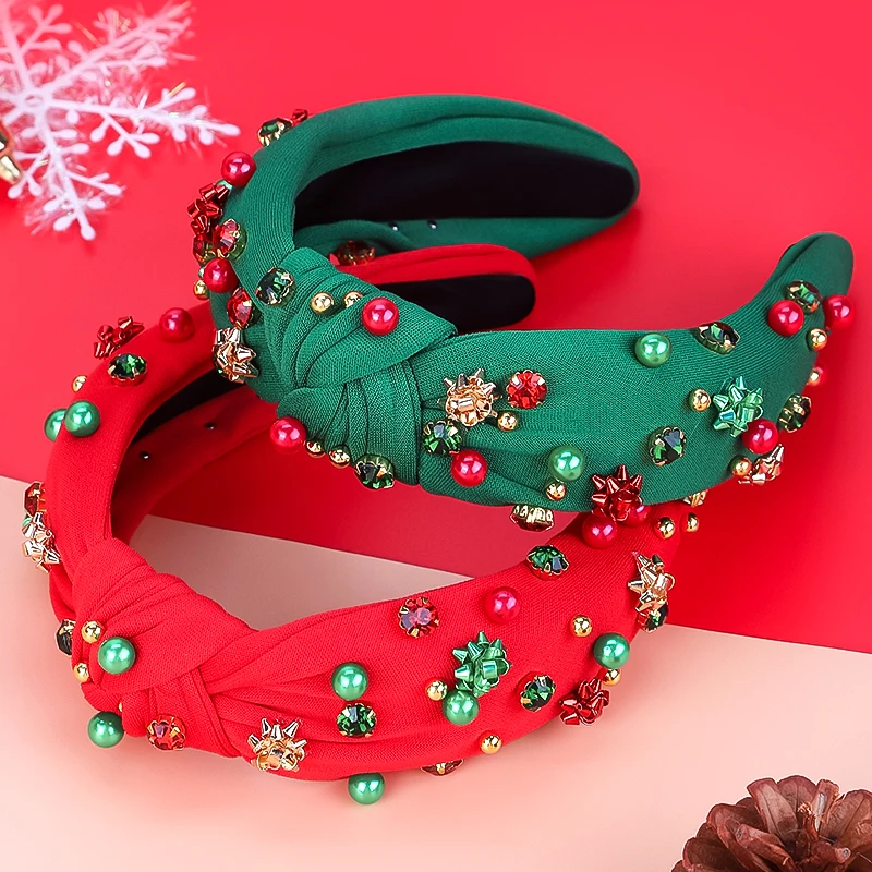 

New Christmas Pearl Headband Needlework Green With Drill Headband Women's Holiday Party Decoration Hair Accessories