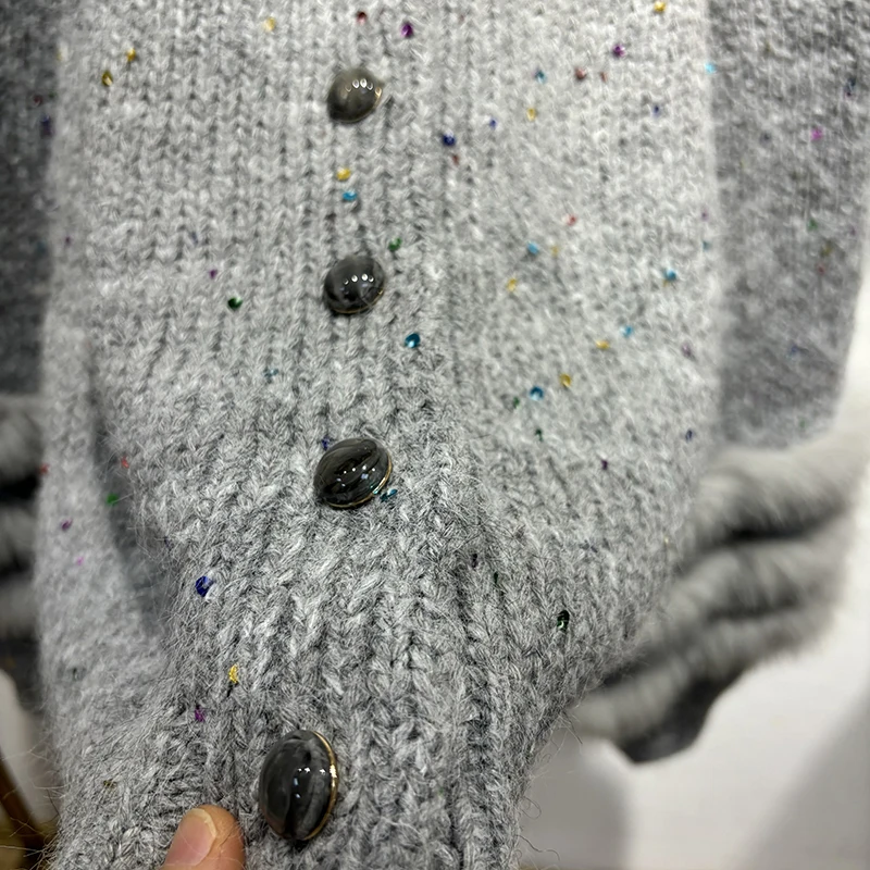 2025 herbst Frauen Glänzende Pailletten Echt Fox Pelz Pullover Spezielle Design Gestrickte Jacke Tragen
