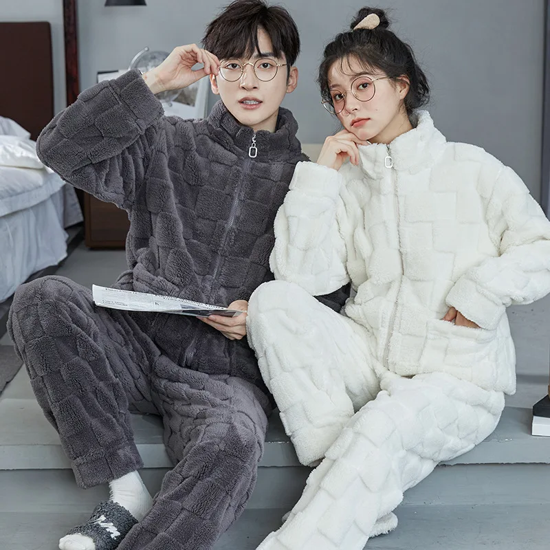 Couple Pajamas Set Autumn Winter Flannel Long Sleeve Zipper Long Plush Sleepwear Suit Men Nightcloth Thick Velvet Thermal Women