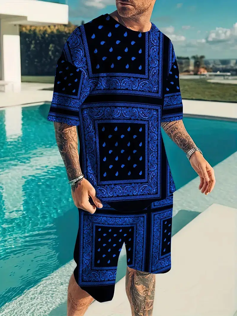 الرجال ثلاثية الأبعاد باندانا مطبوعة المتضخم تي شيرت والسراويل القصيرة مجموعة الصيف عادية الشارع الشهير الرياضة البدلة قصيرة الأكمام الزي 2 قطعة #3