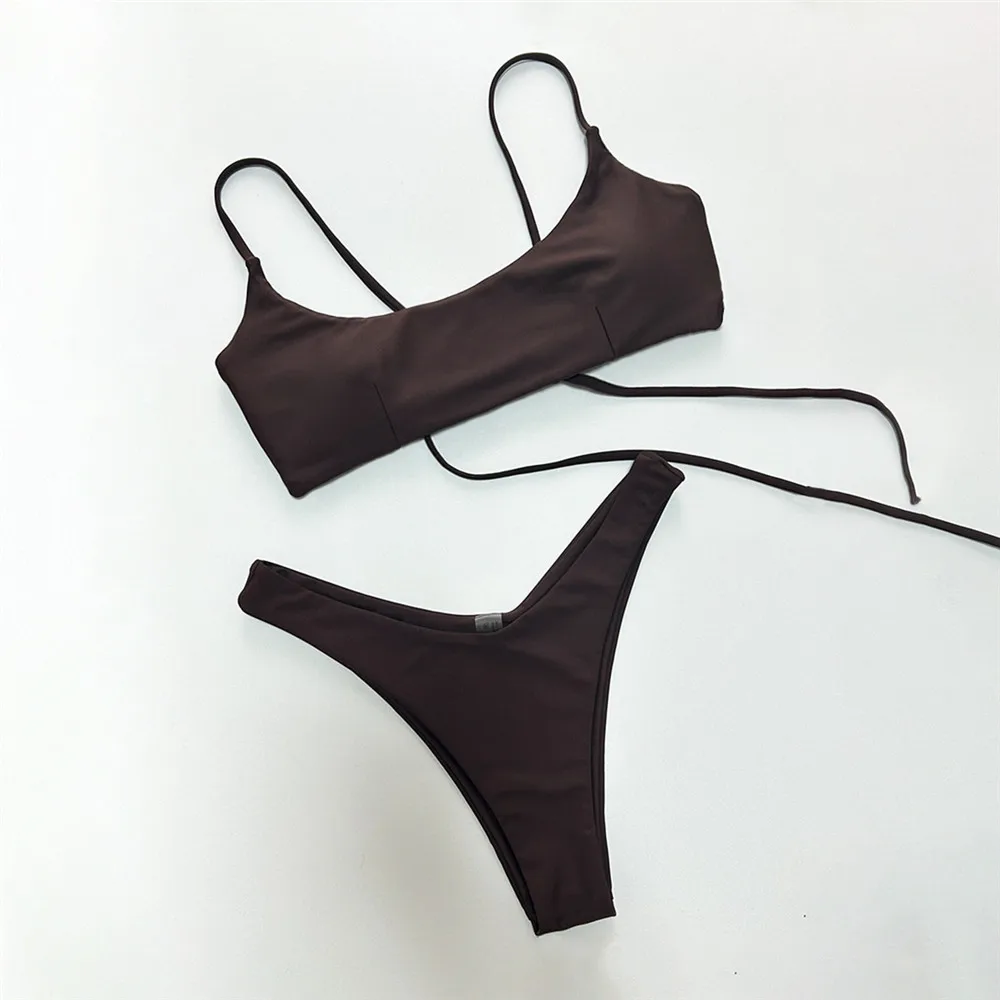 Brown Bandeau Micro Bikini Set Back String Lace-up Sexy Swimsuit Solid Swimwears Woman 2026 High Cut Bathing Suit Bikinis Femmes