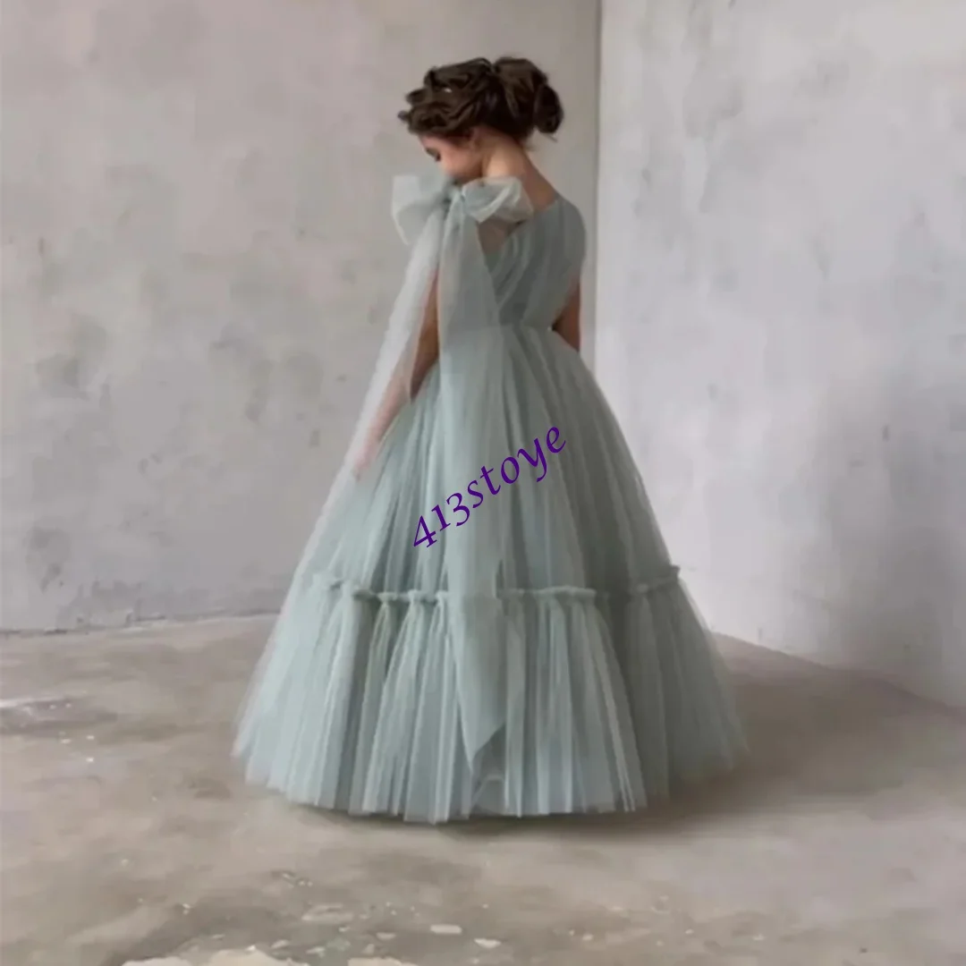 فساتين فتاة الزهور باللون الأخضر الفاتح مخصصة لحفلات الزفاف مزينة بالزهور من التول الأنيق للأطفال وحفلات أعياد الميلاد الأولى #1