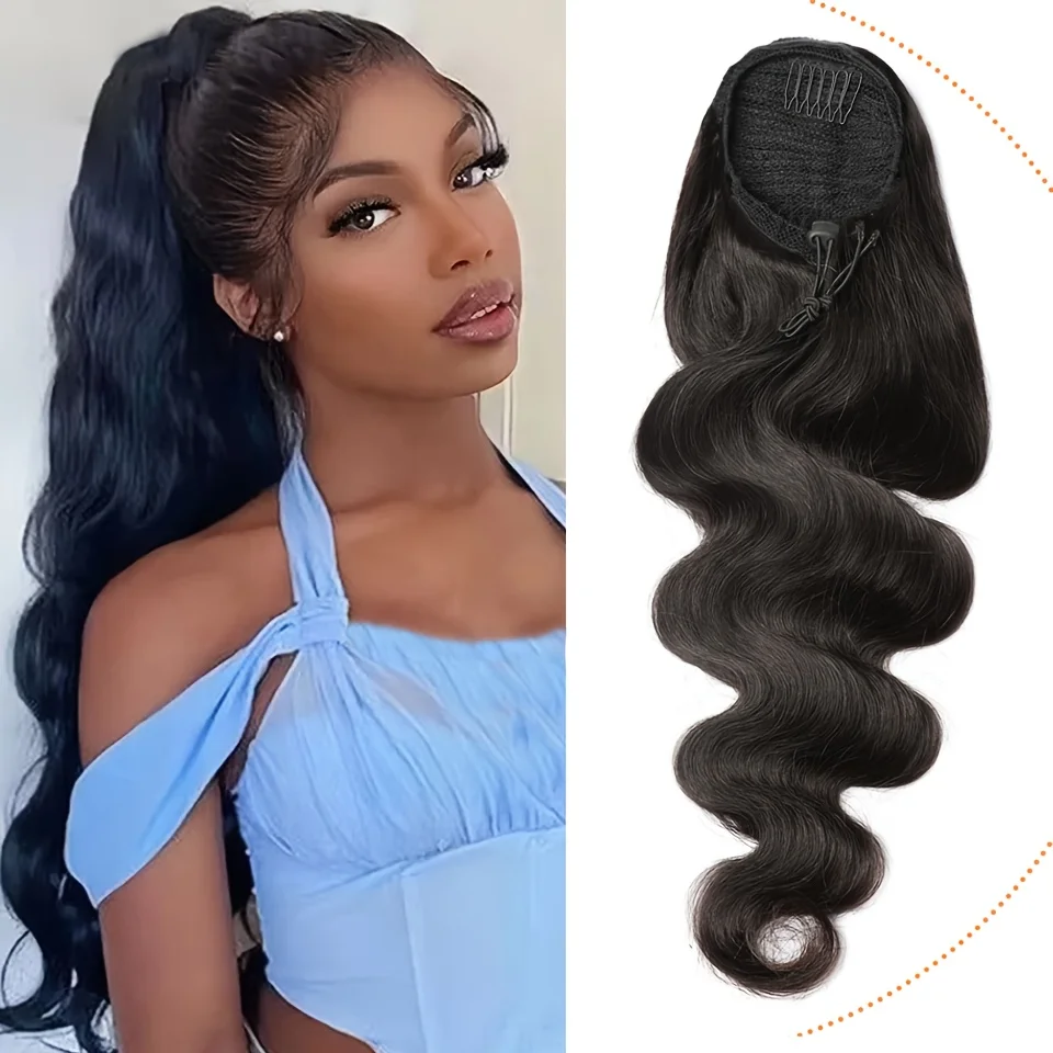 Body Wave Ponytail Human Hair Drawstring Ponytail Remy Human Hair Extensions Chip-in Hair Wrap Ponytail Extensions Natural Black