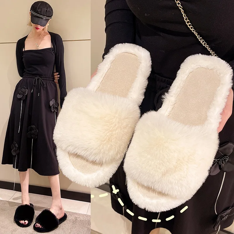 

2025 NEW Large Size Fluffy Slippers Women's Outdoor Autumn New Flat Bottom Plush Slippers Home Cotton Slippers