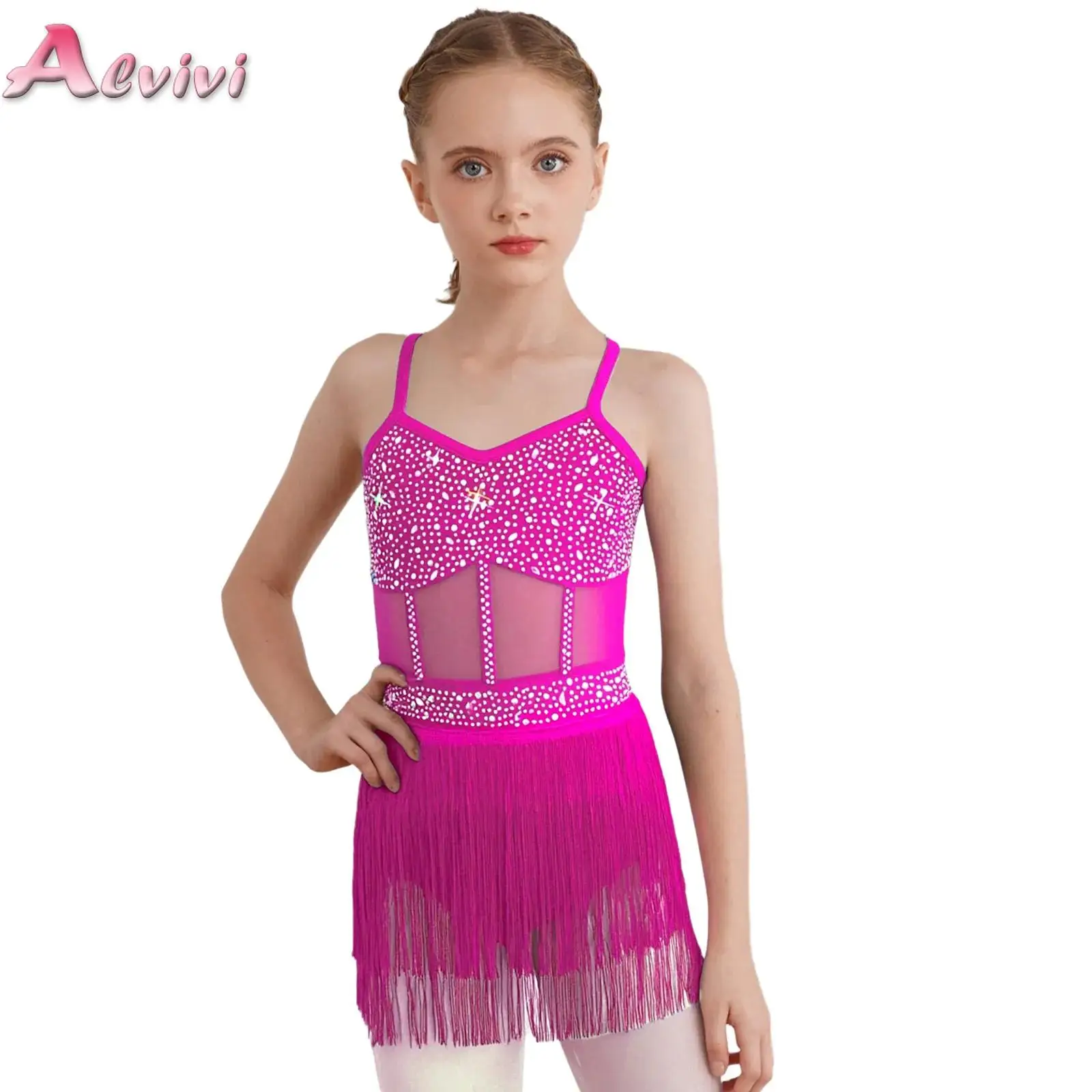 

Kids Girls Rhinestone Latin Tango Dance Leotard Dress Sheer Mesh Splice Tiered Tassel Fringe One Piece Bodysuit Dress Dancewear