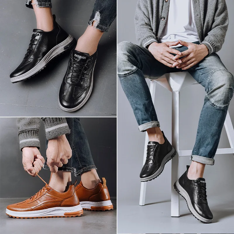 Sports Shoes Men's 2021 Winter New Korean Style Trendy Shoes Men's Casual Board Shoes Leather Breathable Front Lace Men's Shoes