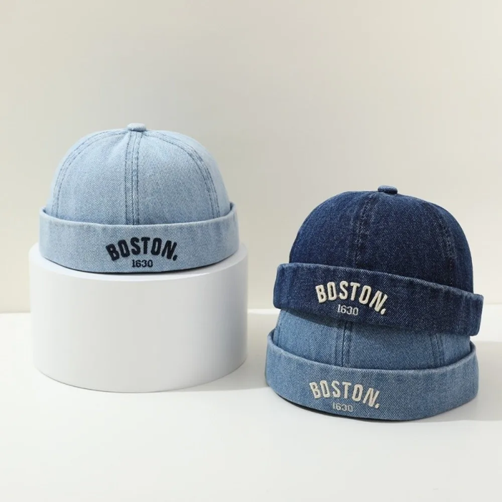 

Cute Washed Denim Baby Brimless Hat Letter Embroidered Solid Color Children Melon Beanie Adjustable Blue Landlord Cap