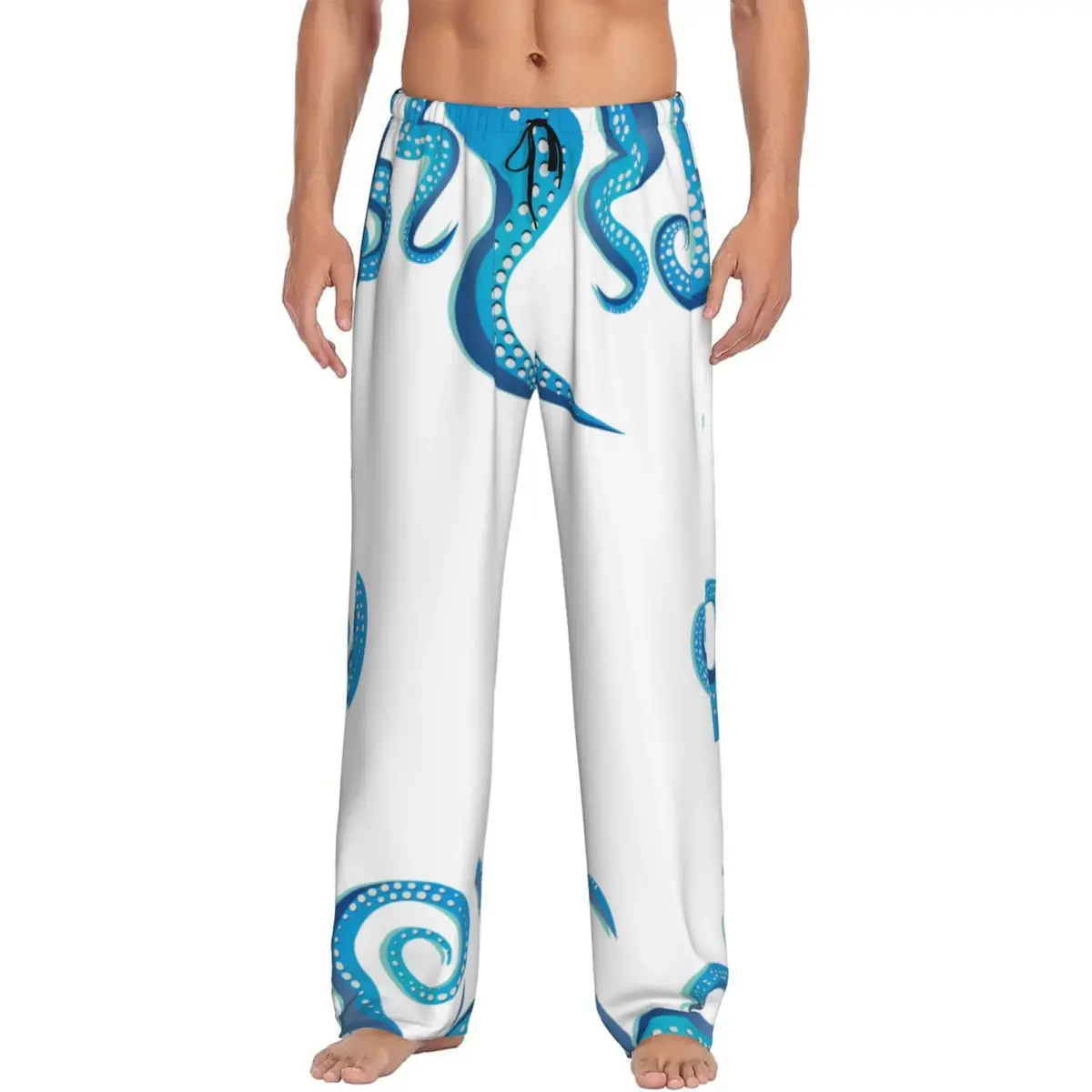 Blue White Tentacles Frame Pajama Pants Sleepwear for Men Elastic Waistband Sleep Lounge Bottoms with Pockets