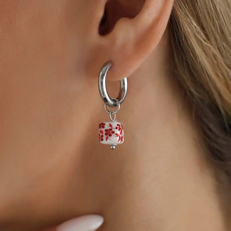 Ceramic Tassel Hoop Earrings Floral Print Asymmetric Drop Earrings Silver Color Chain Dangle Earring Women Fashion Jewelry Gift