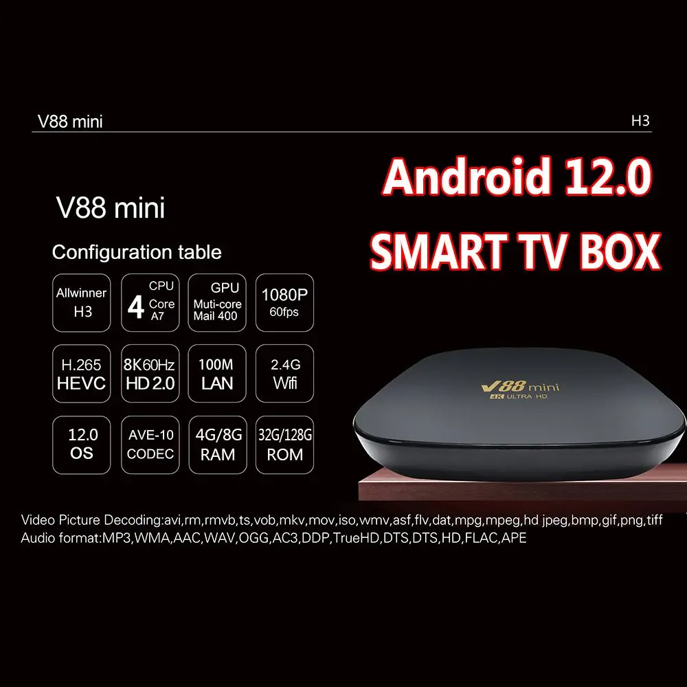 V88 Mini Home Theater 8GB+128GB 2.4G WIFI Media Player Allwinner H3 Quad Core TV Box Android 12 Set Top Box