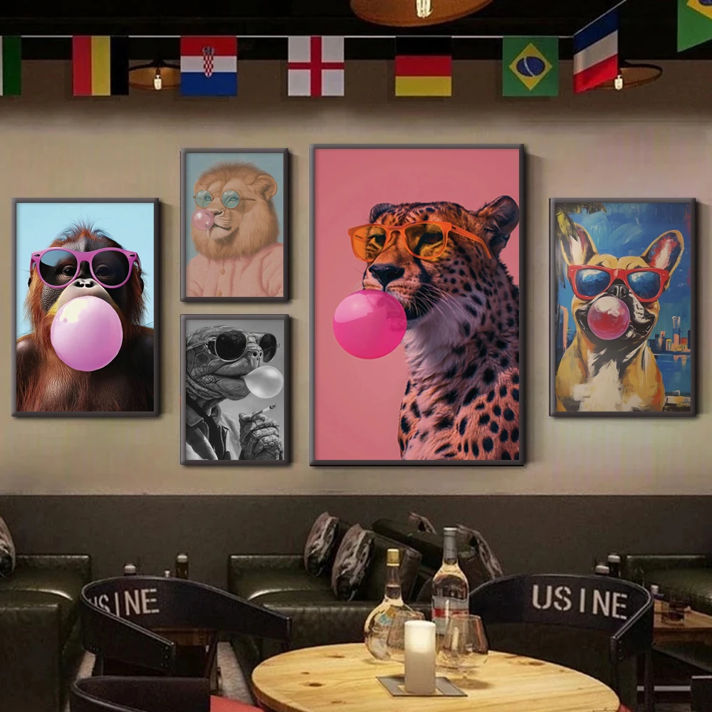 Cool Monkey Giraffe Bulldog Cat Lion Blowing Pink Bubble Gum Art Poster Fun Animal Picture Modern Home Wall Decor Canvas Print