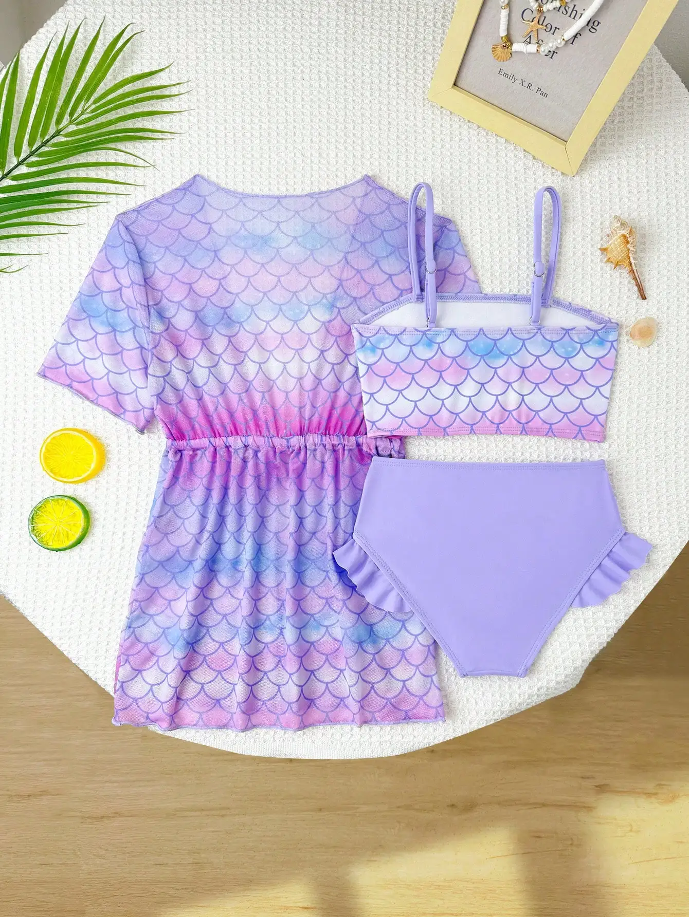 

3-Piece Mermaid Scale Swimwear Set With Cover Up Purple Adjustable Strap Bikini