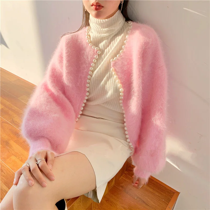 

Pink Sweet Lantern Sleeve Mink Cashmere Sweet Cardigan Women Fashion Gentle Beading Design Open Stitch Knitwear s719