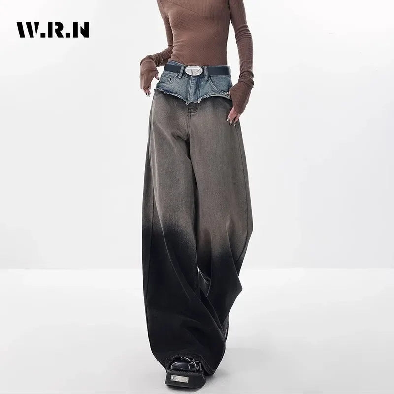 American Vintage High Waist Straight Jeans Women\'s Casual Grunge Pants Baggy Y2K Wide Leg High Street Patchwork Denim Trouser